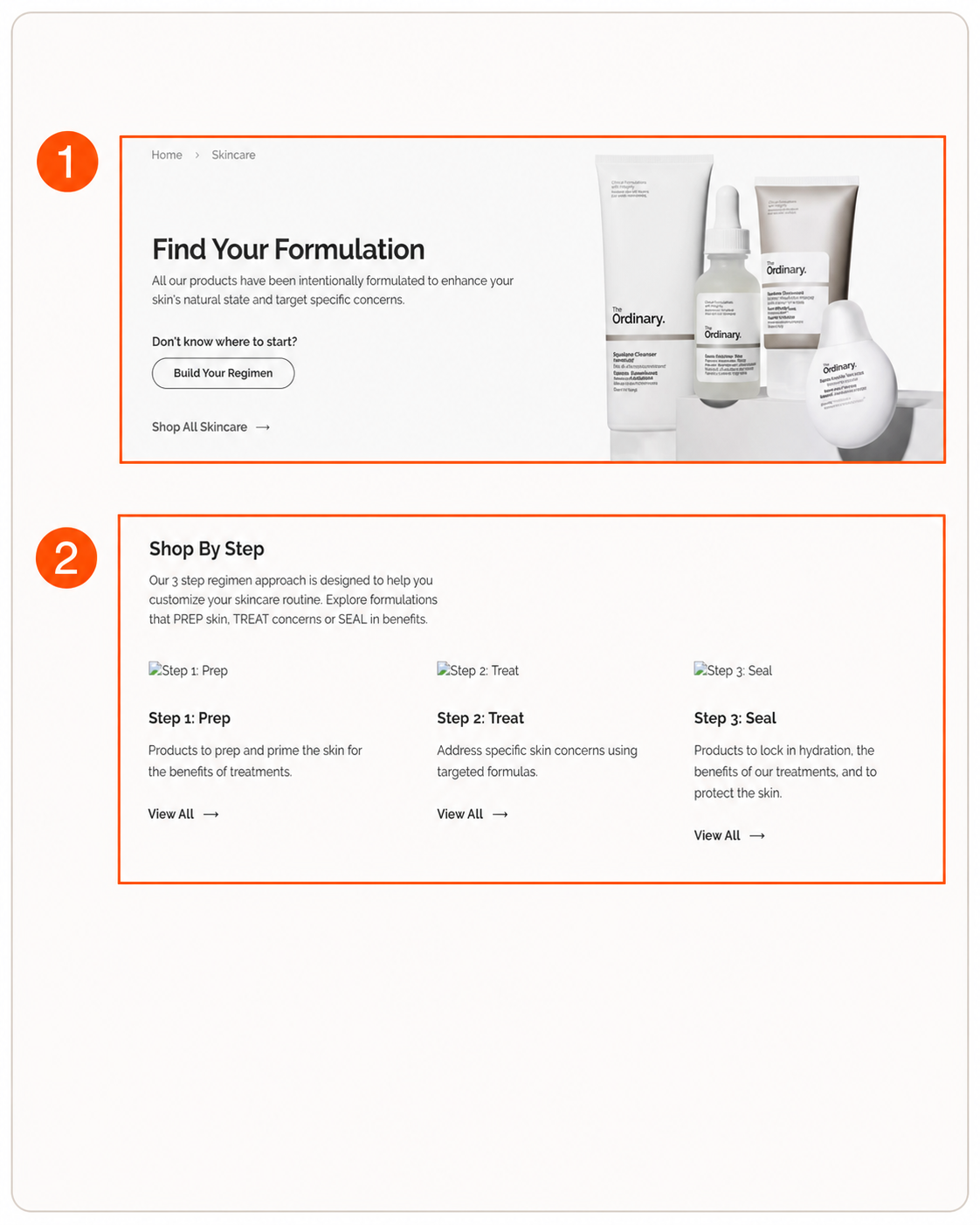 The Ordinary의 Find Your Formulation과 Shop By Step 구조