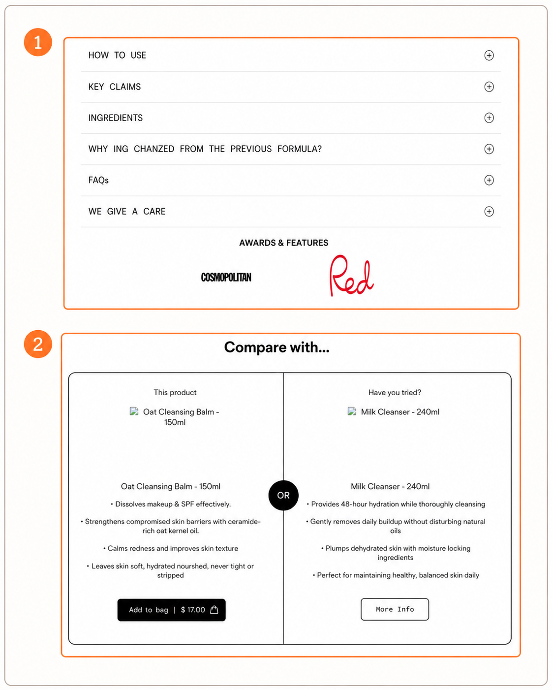 The INKEY List 제품 페이지에서 사용법, 핵심 주장, 성분, FAQ와 비교 영역을 하이라이트한 실제 화면.