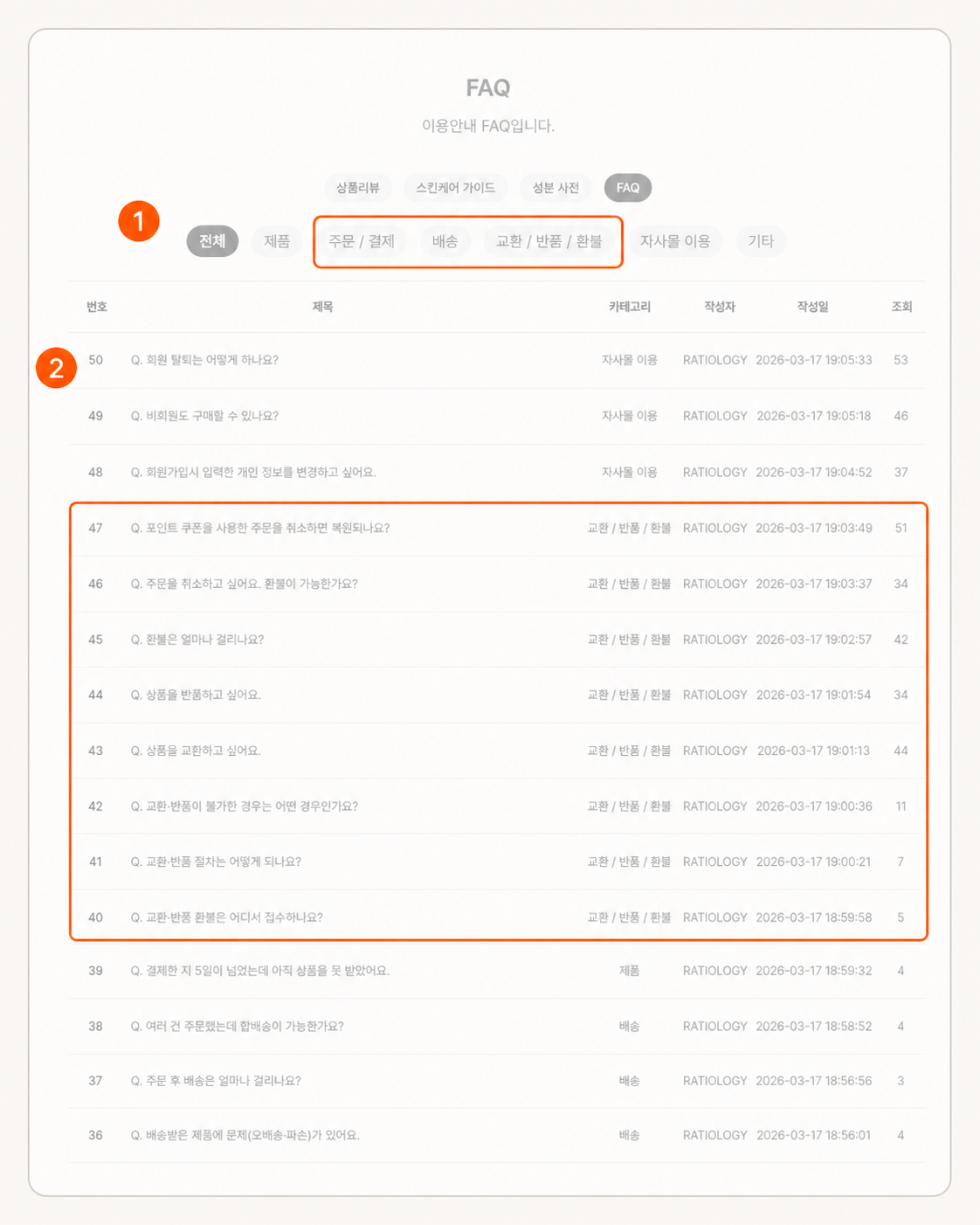 RATIOLOGY 공식 FAQ에서 제품·주문/결제·배송·교환/반품/환불 카테고리와 실제 구매 장벽 질문을 하이라이트했다.