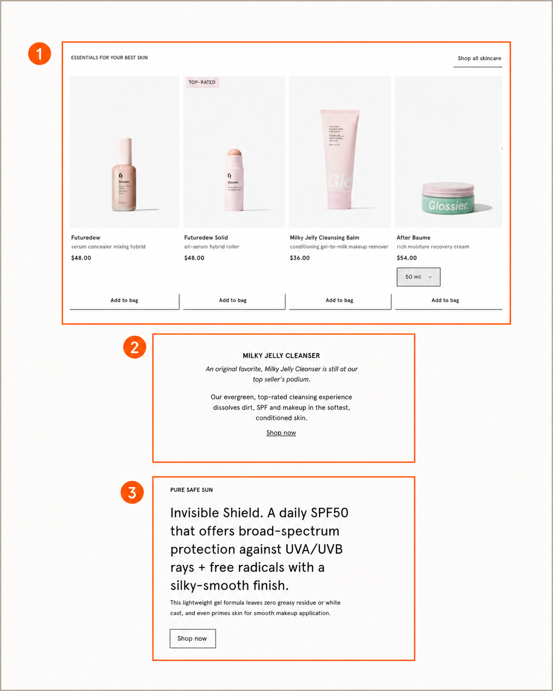 Glossier 스킨케어 페이지에서 제품 묶음, 제품의 사용 목적 설명, 다음 행동 링크를 하이라이트했다.