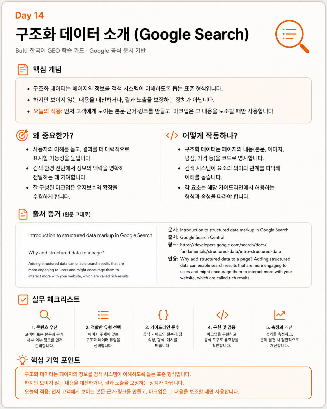 Google 구조화 데이터 소개 문서의 원문 일부와 한국어 해설. 고객에게 보이는 본문·근거·링크가 먼저이고, 구조화 데이터는 이를 보조한다는 오늘의 적용을 담고 있다.