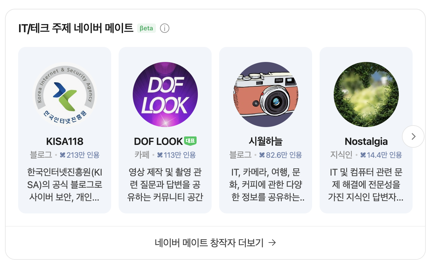 네이버 검색 결과에 표시된 주제별 네이버 메이트와 인용수