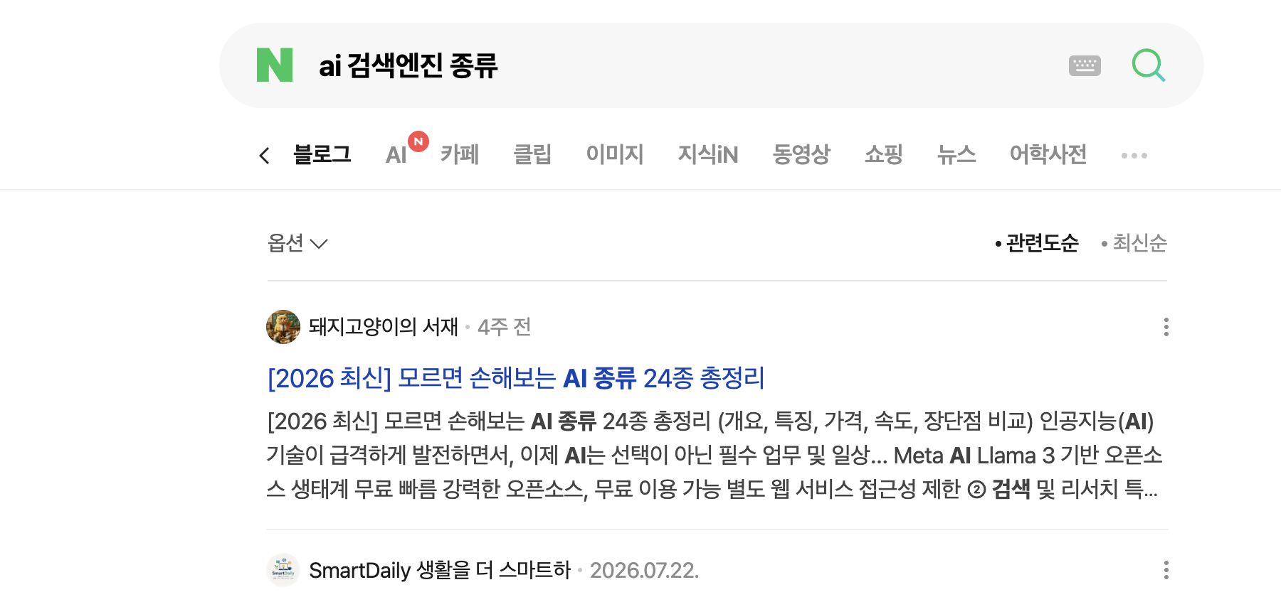 같은 검색어의 블로그 탭 결과